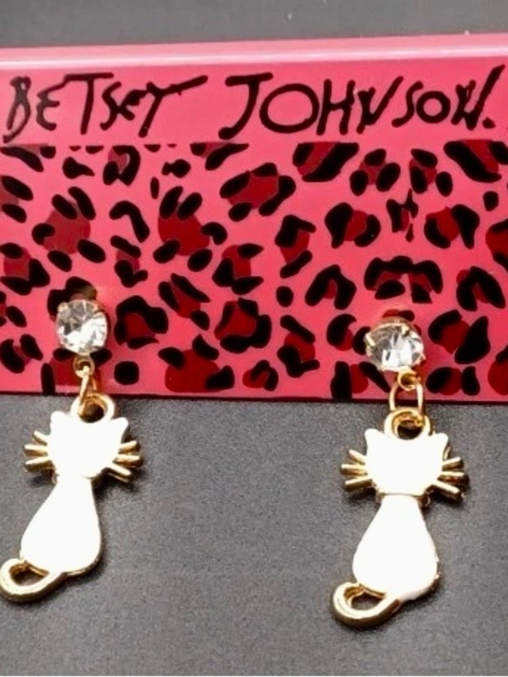 Betsey Johnson Gold & White Cat Drop Earrings with Clear Rhinestones